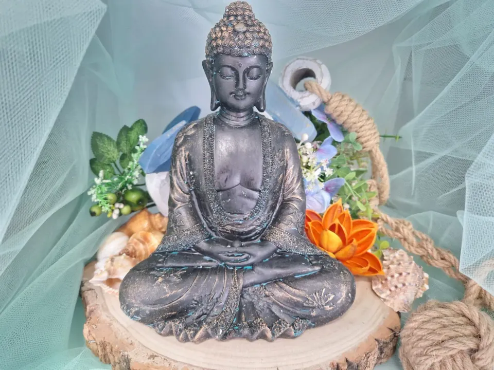 La Fenice Indaco Statua Buddha meditazione bronzo oro 22 cm