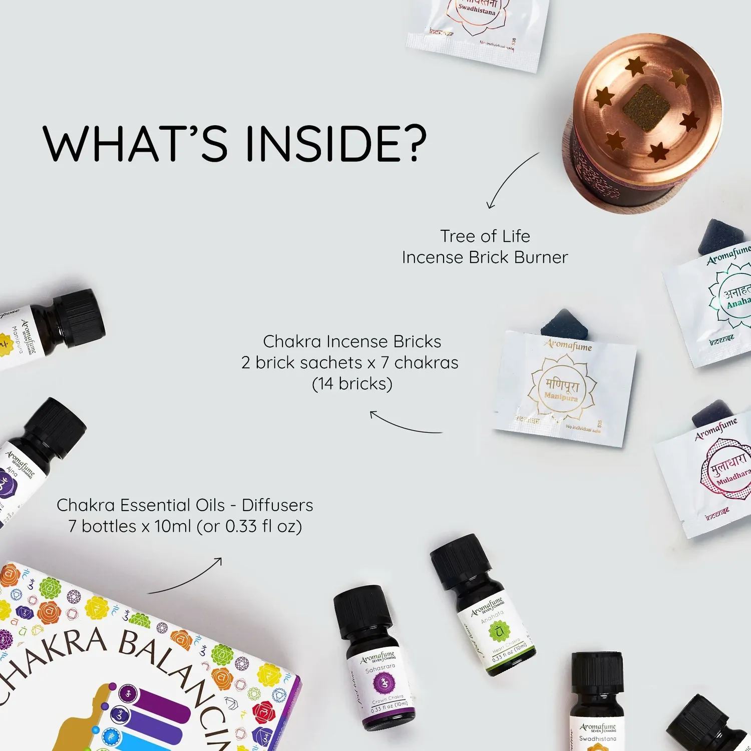 Aromafume 7 Chakra kit benessere mattoncini e oli gelsomino