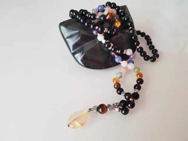 La Fenice Indaco Mala 108 ossidiana nera e 7 chakra 6mm