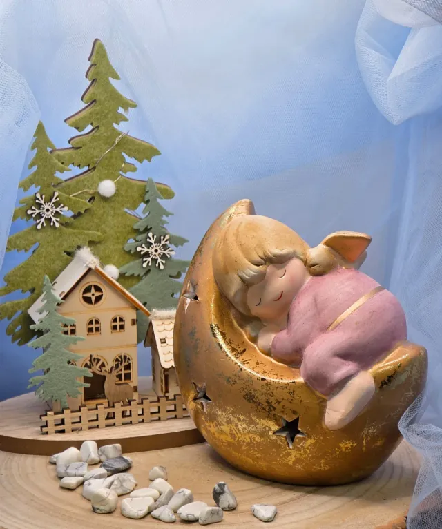 La Fenice Indaco Statuina angelo con luna in ceramica